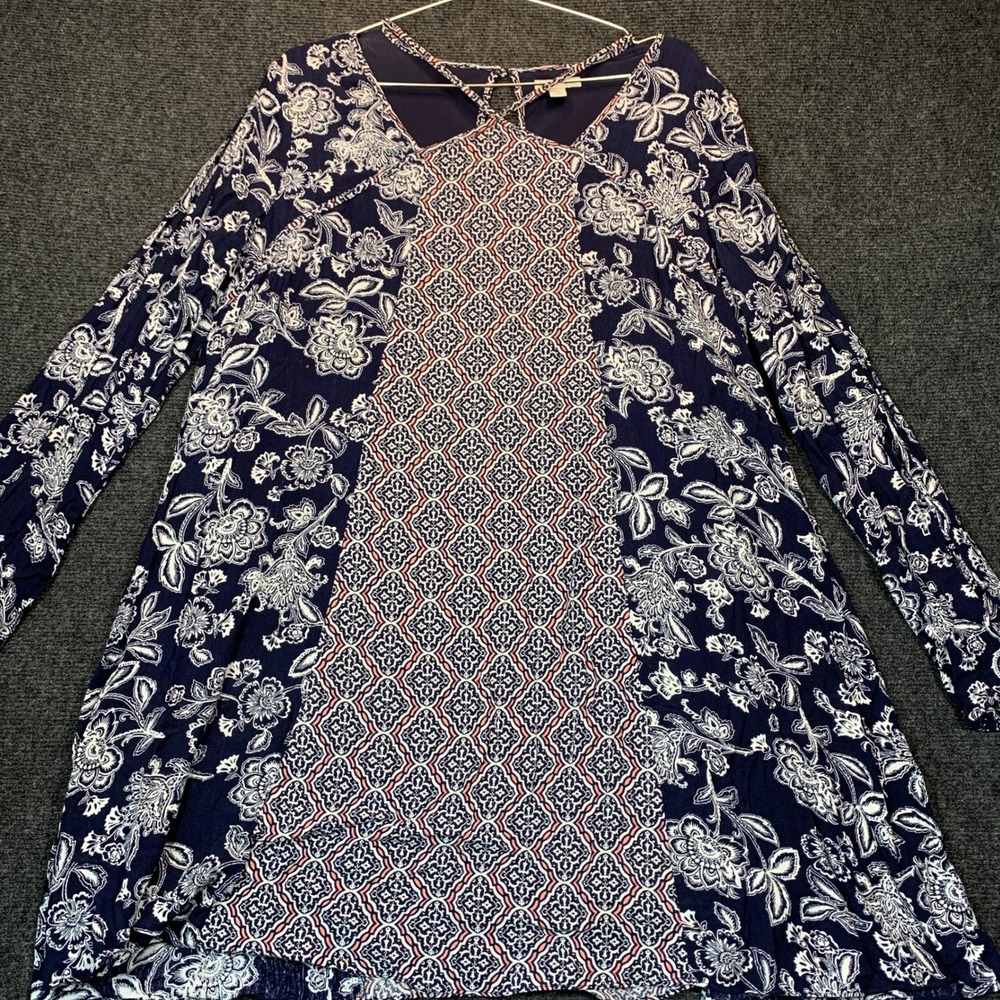 Floral Mixed Media Flare Dress XL Navy Retro 70s Bell Sleeve Indie Tunic Gypsy